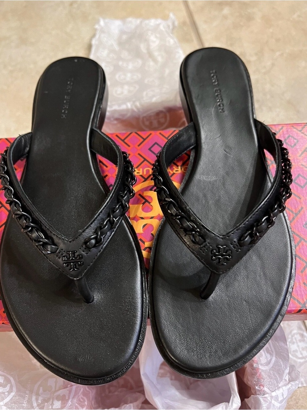 Tory Burch Black Braided Logo Thong Sandals